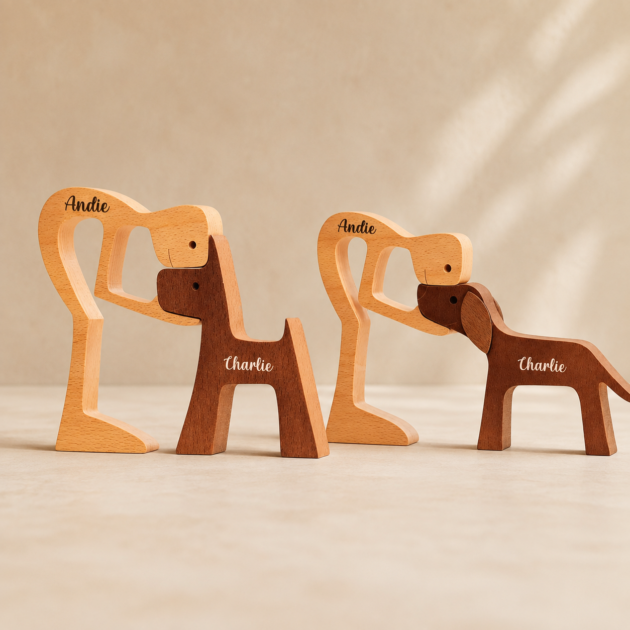 Figura de Madera Personalizada Dueño/a y Mascota con Nombres – Regalo para Amantes de Perros y Gatos