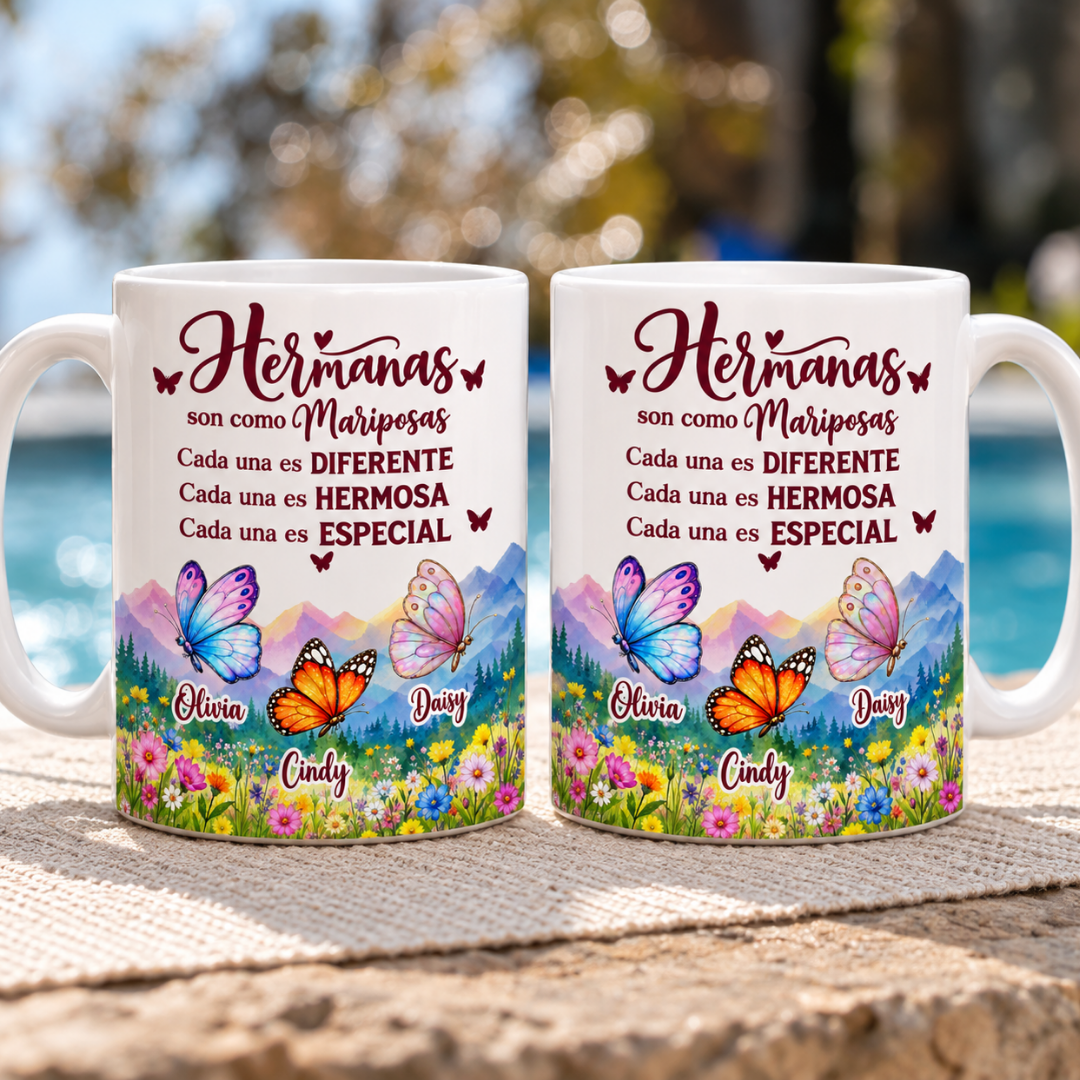 Taza Personalizada “Hermanas son como Mariposas” con Nombres – Regalo para Hermanas