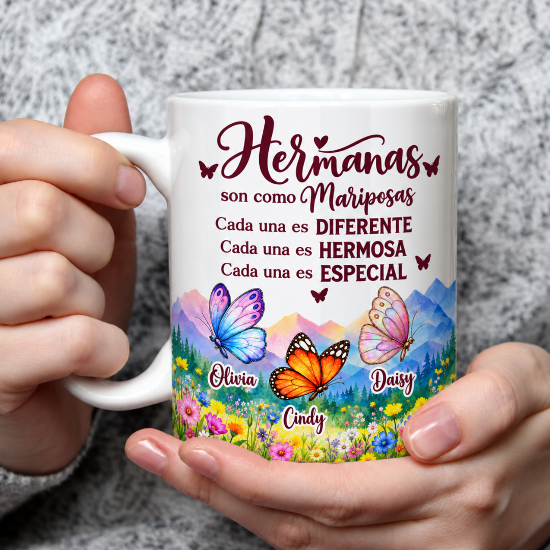 Taza Personalizada “Hermanas son como Mariposas” con Nombres – Regalo para Hermanas