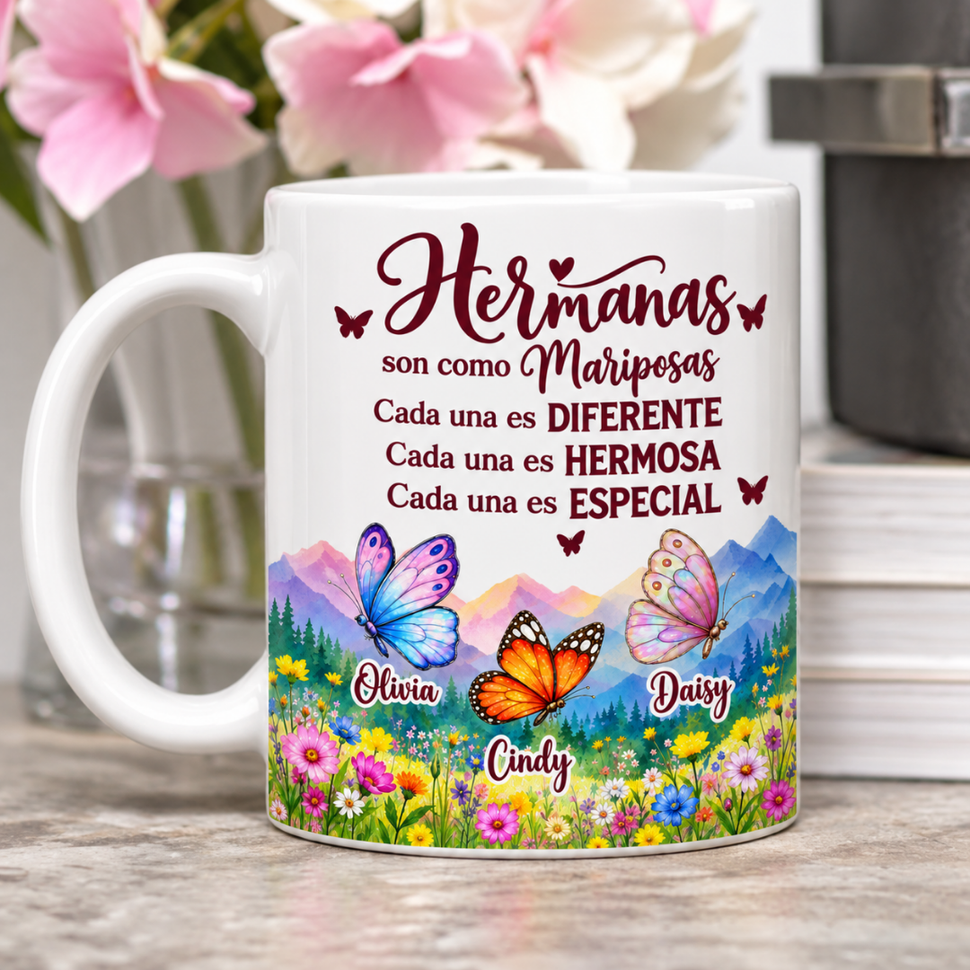 Taza Personalizada “Hermanas son como Mariposas” con Nombres – Regalo para Hermanas