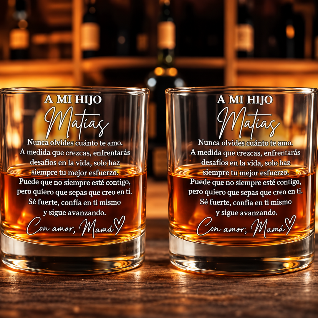 Vaso de Whisky Personalizado para Hijo – Regalo de Mamá con Mensaje Especial