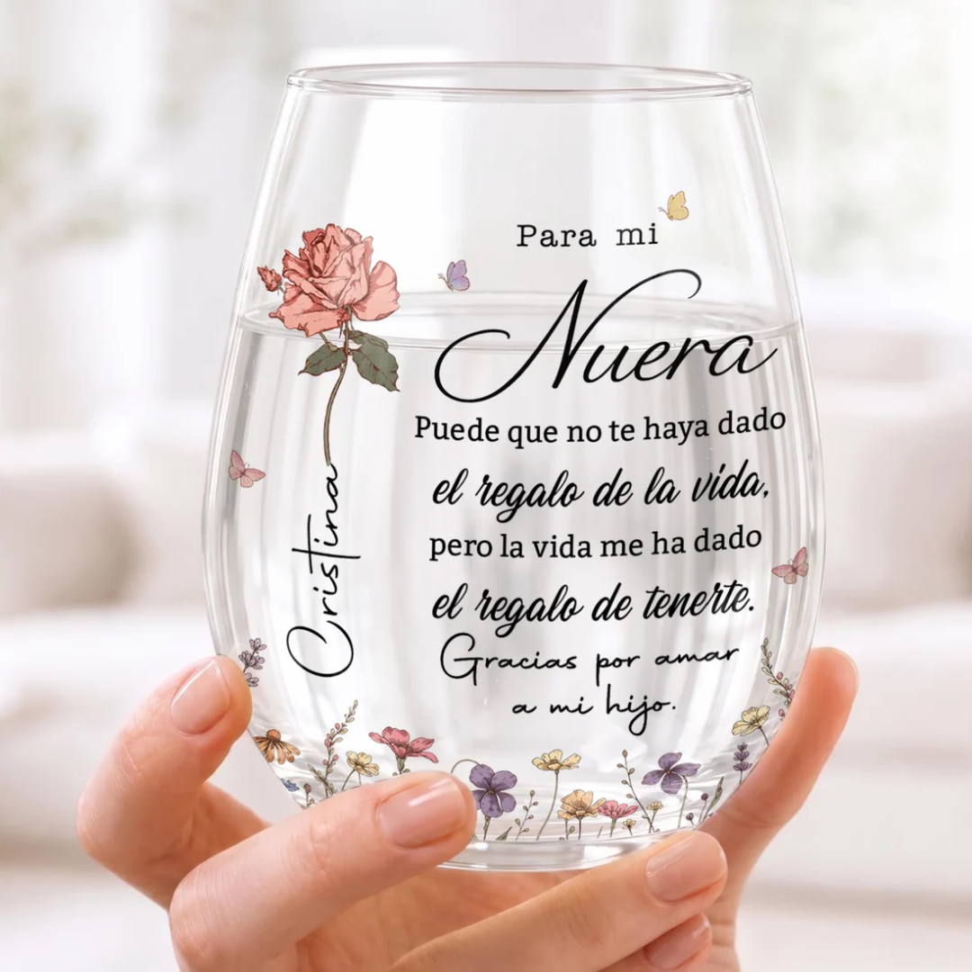 Vaso Tipo Copa Personalizado “Para Mi Nuera” con Mensaje y Flor – Regalo Familiar