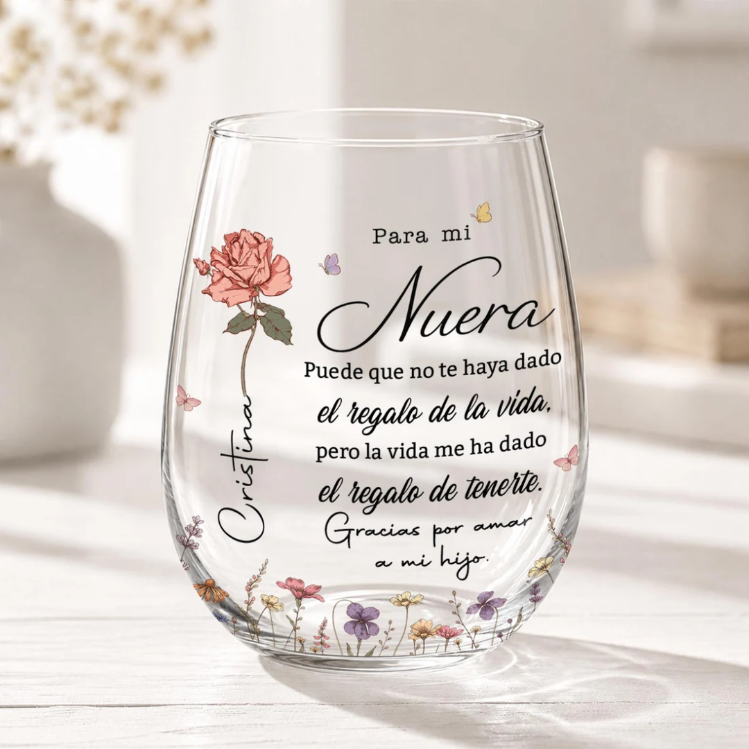 Vaso Tipo Copa Personalizado “Para Mi Nuera” con Mensaje y Flor – Regalo Familiar