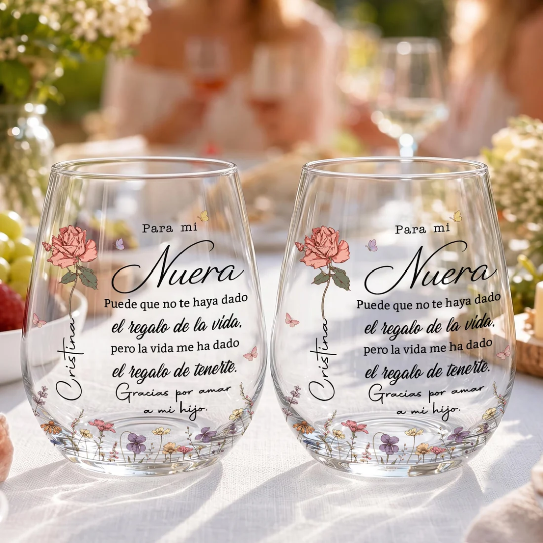 Vaso Tipo Copa Personalizado “Para Mi Nuera” con Mensaje y Flor – Regalo Familiar
