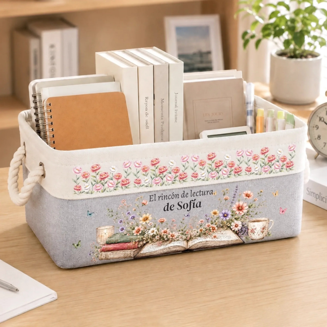 Canasta Organizadora Personalizada “El Rincón de Lectura de…” para Libros – Regalo para Amantes de la Lectura