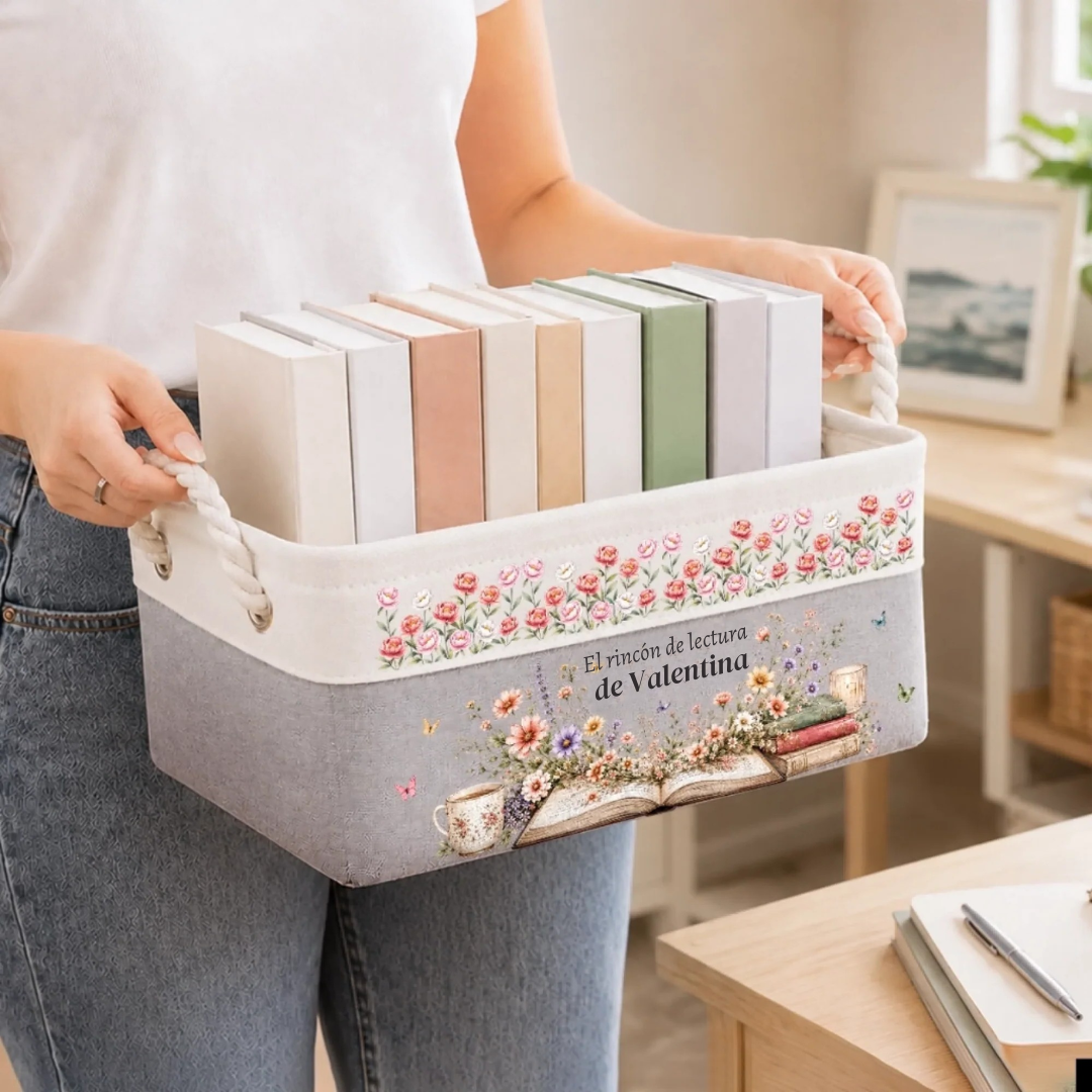 Canasta Organizadora Personalizada “El Rincón de Lectura de…” para Libros – Regalo para Amantes de la Lectura