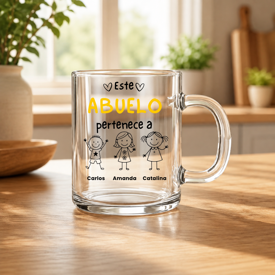 Taza Transparente Personalizada “Este Abuelo/Papá Pertenece A…” con Figuras y Nombres – Regalo Familiar 250 ml