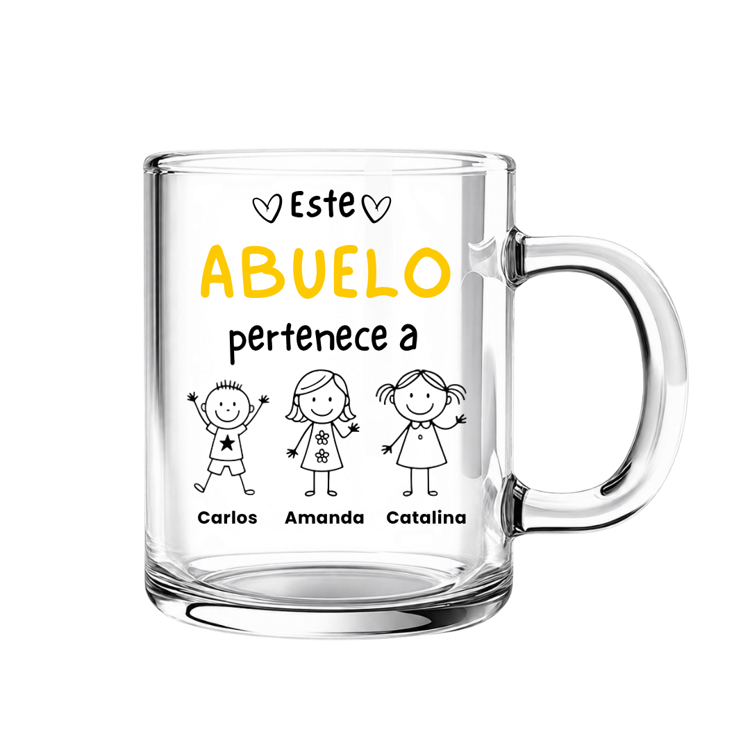 Taza Transparente Personalizada “Este Abuelo/Papá Pertenece A…” con Figuras y Nombres – Regalo Familiar 250 ml