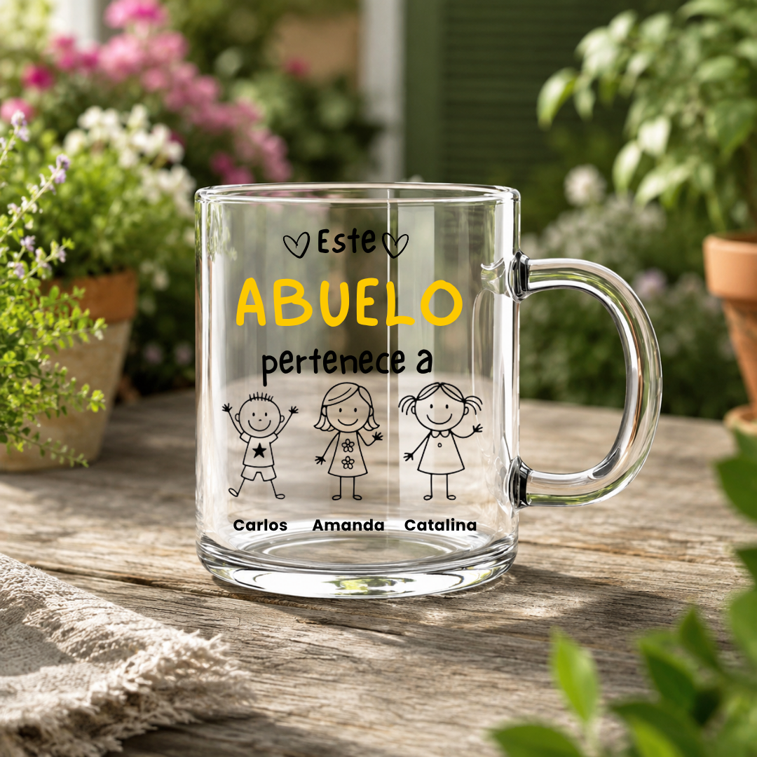 Taza Transparente Personalizada “Este Abuelo/Papá Pertenece A…” con Figuras y Nombres – Regalo Familiar 250 ml