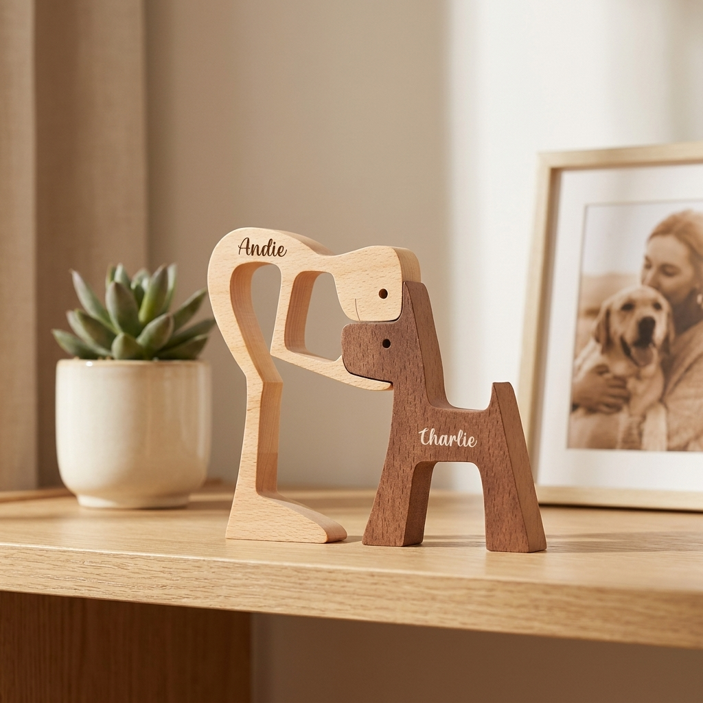 Figura de Madera Personalizada Dueño/a y Mascota con Nombres – Regalo para Amantes de Perros y Gatos