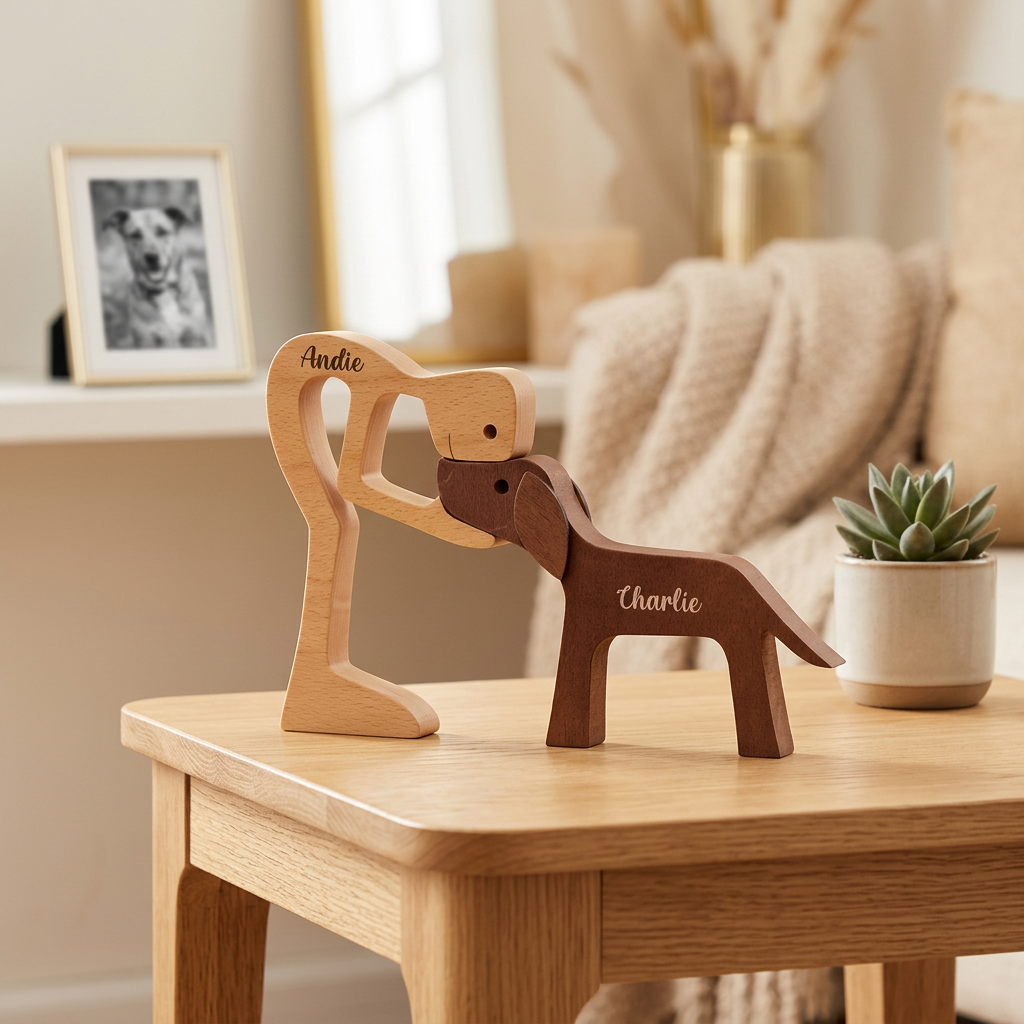 Figura de Madera Personalizada Dueño/a y Mascota con Nombres – Regalo para Amantes de Perros y Gatos